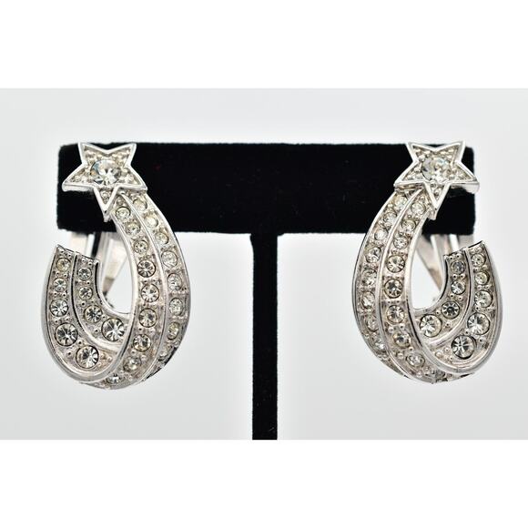 Cindy Adams Vintage Shooting Star Clip On Earrings Crystal Silver Signed BinBK - Picture 1 of 16